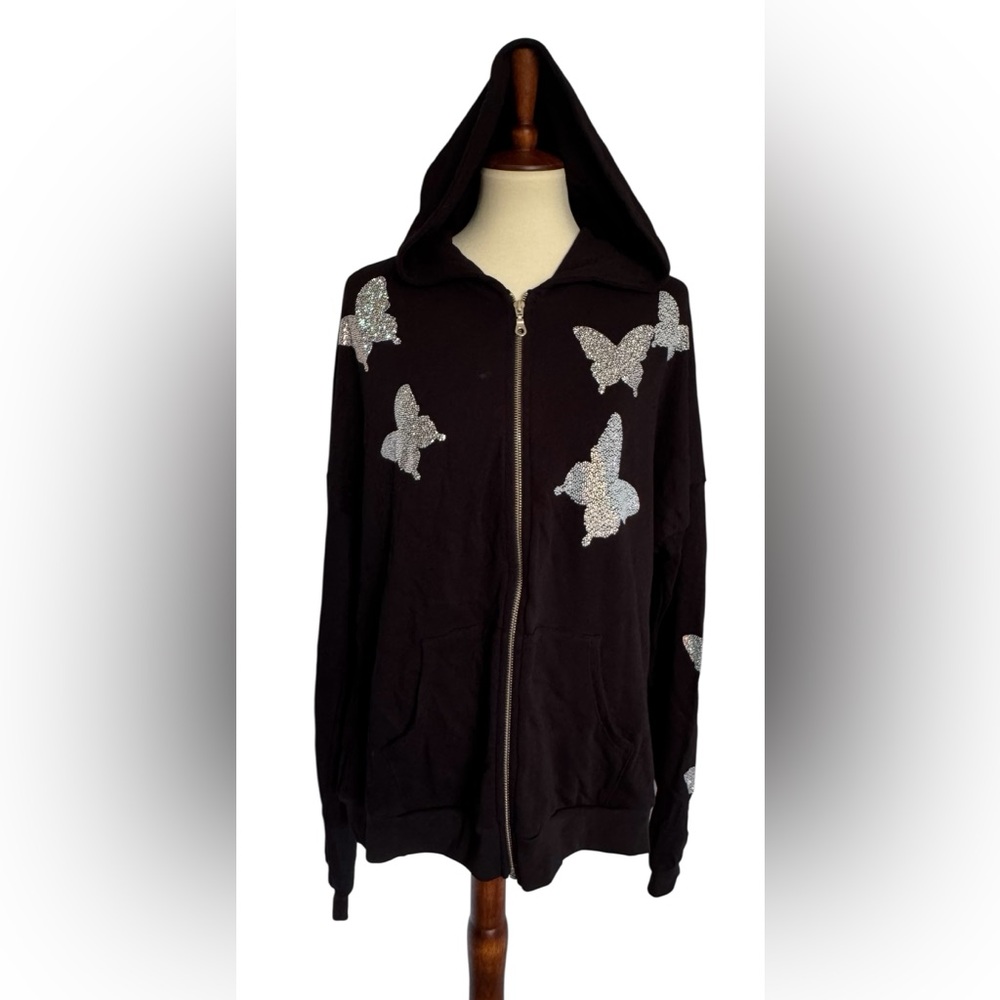 Lauren Moshi Koa Crystal Opal Butterfly Embellished Zip Black Hoodie Size Large - Picture 2 of 13